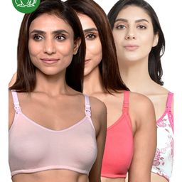 Inner Sense Organic Cotton Knit Pack Of 3 Solid & Floral Printed Antimicrobial Maternity Bras With Nursing Access - Multi Colour-picture-36