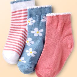 Cute Walk by Babyhug Knit Anti Bacterial Ankle Length Socks With Stripes & Floral Design Pack of 3 - Multicolor-image-6