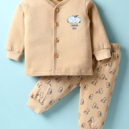 Tango Fleece Knit Full Sleeves Front Open Winter Night Suit With Animal Print - Khaki-picture-11