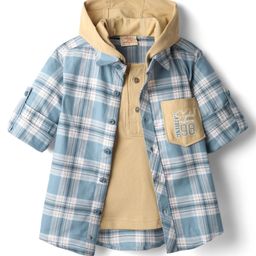 Rikidoos Full Sleeves Checked Shirt With Attached Solid Hooded Tee - Light Blue & Beige-image-80