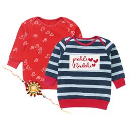 Kadam Baby Cotton Knit Raksha Bandhan Theme Pack Of 2 Full Sleeves Pehli Rakhi Text & Cars Printed Sweatshirts With Rakhi - Black & Red-image-26