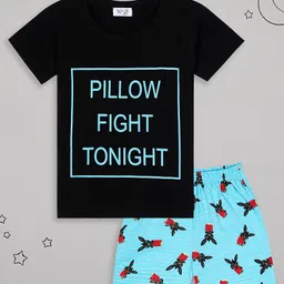 Sheer Love Cotton Jersey Knit Half Sleeves Pillow Fight Tonight Text Printed Tee & Shorts Night Suit Set - Black & Light Blue-picture-33