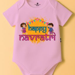 The Peppy Tend 100% Cotton Knit Navratri Theme Half Sleeves Happy Navratri Text Printed Onesie - Pink-picture-29