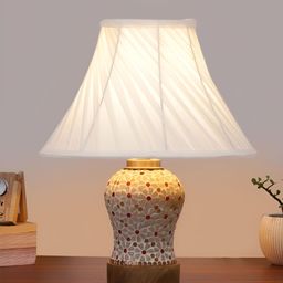 Devansh Off White Printed Frustum Shaped Wooden Table Lamp image 5