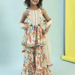 Biba Girls Floral Printed Empire Pure Cotton Kurta with Sharara & With Dupatta-picture-56