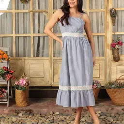 Peppinos Women Striped Shoulder Straps Lace Inserts A-Line Maxi Cotton Dress-image-51