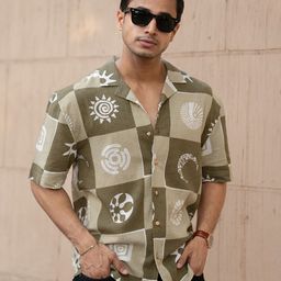 Powerlook Men Relaxed Fit Graphic Printed Cuban Collar Cotton Casual Shirt-image-47