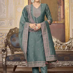 KALINI Women Woven Straight Silk Blend Kurta with Trousers & With Dupatta-39