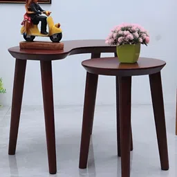 DZYN Furnitures Convo Teak 2 Pieces Brown Abstract Shaped And Round Wooden Nesting Table-25