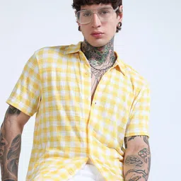 glitchez Men Standard Fit Gingham Checked Spread Collar Pure Cotton Casual Shirt-picture-41