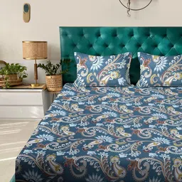 KLOTTHE Blue & Brown Floral Printed 300 TC Cotton Double Bedsheet Set 2.50 m x 2.22m-image-45