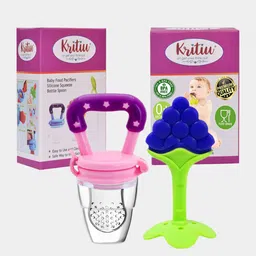 Kritiu Set Of 2 Baby Silicone Fruit Teether & Fruit Feeder- Blue & Purple-18