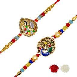 MEIRA JEWELLERY Set Of 2 Peacock Designer Rakhis With Greeting Card & Roli Chawal-25