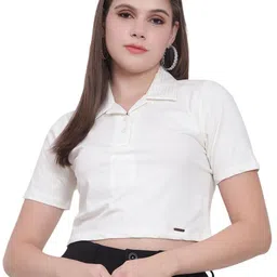 God's Club Women Regular Fit Crop Polo Collar T-shirt-picture-28