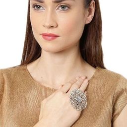 Zoey Silver-Plated Stone Studded Floral Design Adjustable Finger Ring-image-78
