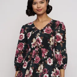 DressBerry Floral Printed Puff Sleeve Crepe Peplum Top-image-87