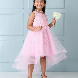 Mark & Mia Sleeveless High Low Party Frock with Embroidery & Flower Applique - Pink-picture-19