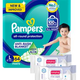 Pampers All round Protection Pants, Large size  (LG) 64 Count, Anti Rash diapers, Lotion with Aloe Vera & Babyhug Daily Moisturising Milk Wipes - 72 Pieces - (Pack of 2)-image-75