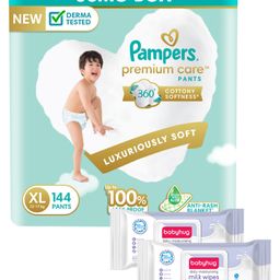 Pampers Premium Care Pants Baby Diapers Extra Large - 144 Pieces & Babyhug Daily Moisturising Milk Wipes - 24 Pieces - (Pack of 2)-image-53
