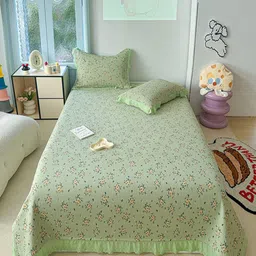 JC HOME Green & Yellow Floral Printed 162 TC Double King Bed Cover With Pillow Covers-image-85