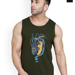 SLOWLORIS Pack Of 2 Printed Round Neck Sleeveless Bio-Wash Cotton Gym Vests-picture-3