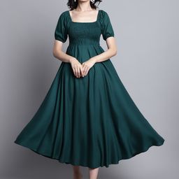 Aawari Women Square Neck Puff Sleeve Fit and Flare Midi Dress-image-80