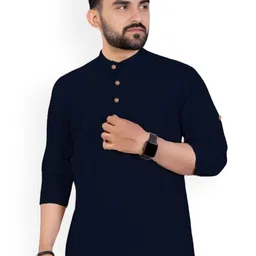 Vida Loca Band Collar Rolled-Up Sleeves Pure Cotton Slim Fit Straight Short Kurta-image-63