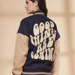CHKOKKO Women Stand Collar Typography Printed Fleece Casual Varsity Jacket-picture-7