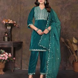 Royal Export Women Floral Embroidered Regular Thread Work Velvet Kurta with Trousers & With Dupatta-45