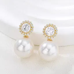 DIVASTRI Korean Gold Plated Stones Studded & Pearls Beaded Spherical Drop Earring-43