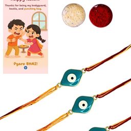 Anouk Set Of 3 Evil Eye Rakhi with Fun Card Roli & Chawal image 4