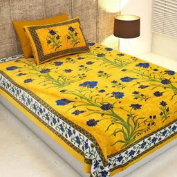 POORAK Yellow & Blue Jaipuri Print Cotton 104 TC Single Bedsheet Set 2.74 m x 2.74 m-image-57