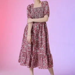 Jash Creation Print Puff Sleeve Applique Fit & Flare Dress-picture-35