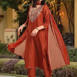 GoSriKi Floral Yoke Design Round Neck Zari Straight Kurta & Trousers With Dupatta-picture-47