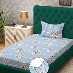 KLOTTHE Grey Floral Printed Print 300 TC Single Bedsheet With 1 Pillow Cover 2.2 m x 1.5 m-picture-0