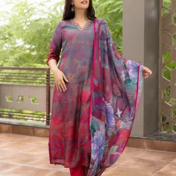 Ambraee Abstract Printed Beads & Stones Chanderi Silk Straight Kurta & Trouser & Dupatta-54