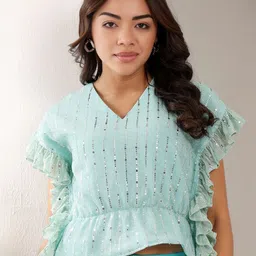 Frolic Rolic Women Self Design Ruffles Net Kaftan Top-image-93