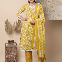 FASHOR Floral Printed V-Neck Pure Cotton Straight Kurta With Trousers & Dupatta-picture-19