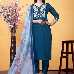 KALINI Floral Embroidered Straight Thread Work Kurta With Trousers & Dupatta-image-75