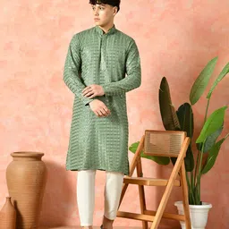 7 GEN Floral Embroidered Sequinned Mandarin Collar Straight Kurta-image-61