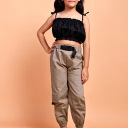 YK Girls Self Design Shoulder Straps Schiffli Top With Cargo Trousers-image-35