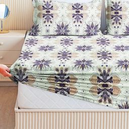 bsb home Beige & Coffee Brown Floral 220 TC Fitted Double Queen Bedsheet Set-1.82mx1.98m-image-53