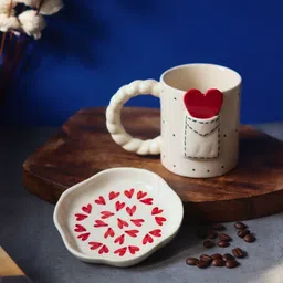 WEAVING HOMES Red & White 2 Pieces Printed Ceramic Glossy Mug & Dessert Plate-5