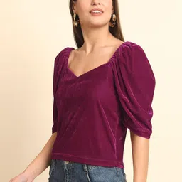 CORSICA Sweetheart Neck Puff Sleeve Velvet Top-image-70