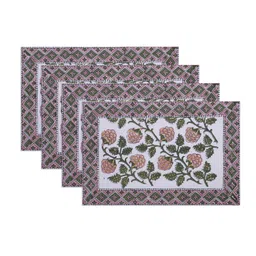 Texstylers 4-Pcs White & Pink Floral Printed Cotton Table Placemats-0