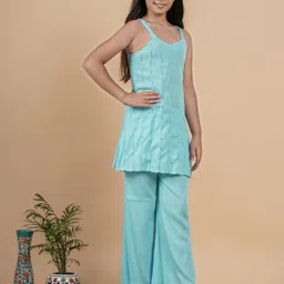 TUNIYA Girls Embroidered Shoulder Straps Sequinned Work Kurta With Trousers-image-41
