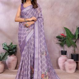 HERE&NOW Purple Printed Linen Blend Jamdani Sarees-picture-20