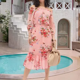 DressBerry Floral Print Off-Shoulder Puff Sleeve Georgette Empire Midi Dress-image-90