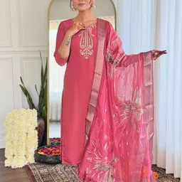 KALINI Notch Neck Chanderi Silk Straight Kurta With Trouser And Dupatta-picture-19