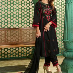 Bhama Couture Jennifer Winget Keyhole Neck Cotton Silk A-Line Kurta With Trouser & Dupatta-image-35
